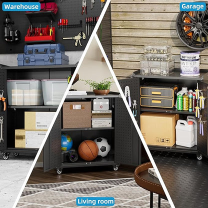 Aobabo 31.5" H Metal Storage Cabinet with Wheels and 2 Pegboards, Lockable Rolling Tool Storage Cabinet with 1 Adjustable Shelves for Garage,Assembly Required,Black