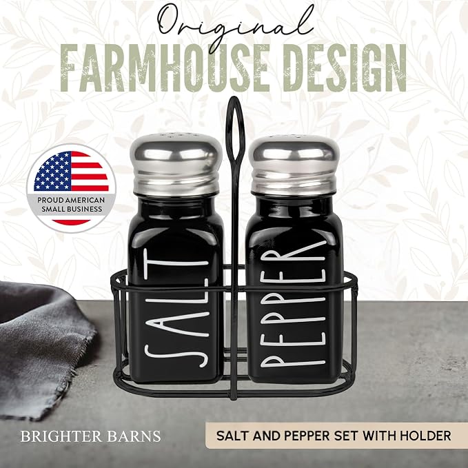 Black Salt and Pepper Shakers Set with Holder by Brighter Barns - Cute Salt Shaker with Caddy - Farmhouse Kitchen Decor for Dining Table Centerpiece, Gothic or Halloween Home Decor, Restaurant (Black)