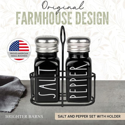 Black Salt and Pepper Shakers Set with Holder by Brighter Barns - Cute Salt Shaker with Caddy - Farmhouse Kitchen Decor for Dining Table Centerpiece, Gothic or Halloween Home Decor, Restaurant (Black)