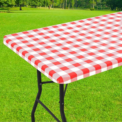 Smiry Rectangle Picnic Table Cloth, Elastic Waterproof Fitted Vinyl Tablecloths, Flannel Backed Buffalo Plaid Table Covers for Dining, Camping, Outdoor (White and Red, 24" x 48")