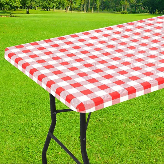 Smiry Rectangle Picnic Table Cloth, Elastic Waterproof Fitted Vinyl Tablecloths, Flannel Backed Buffalo Plaid Table Covers for Dining, Camping, Outdoor (White and Red, 36" x 96")