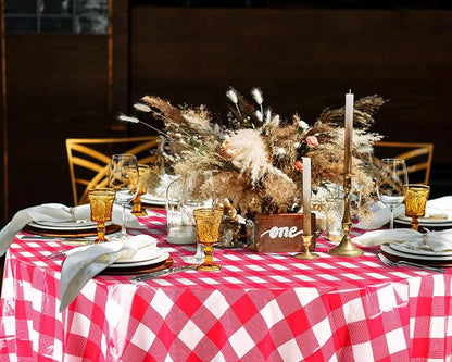 Disposable Checkered Tablecloth Round Plastic Buffalo Plaid Table Cloth 84'' Gingham Tablecover for Picnic Camping BBQ Graduation Party(Red and White,3 Pieces)