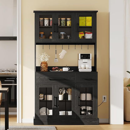YITAHOME 71'' Kitchen Pantry Storage Cabinet with Microwave Stand, Tall Freestanding Hutch Cabinet with Power Outlet, Pantry Cabinets with Buffet Cupboard, Drawers and Acrylic Doors for Home, Black | Tall Freestanding Hutch Cabinet with Power Outlet, P...