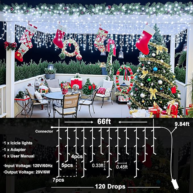 Icicle lights Outdoor - 66ft Christmas Lights with 640LED 120 Drops 8 Modes, Plug in Curtain String Lights Waterproof for Holiday Wedding Party Home Garden Bedroom Indoor Outdoor Decoration,Cool White