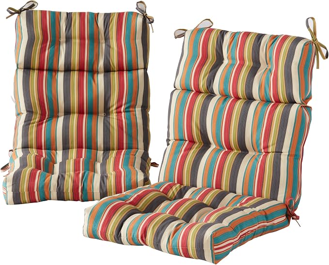 Outdoor Tufted High-Back Chair Cushions, One-Piece Hinged Seat and Back Design, Reversible with 4 Ties, Durable Polyester Fabric, Recycled Fiber Fill - Set of 2, Sunset Stripe - Updated