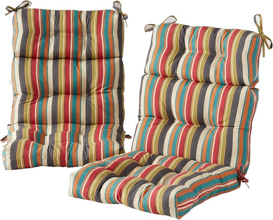 Outdoor Tufted High-Back Chair Cushions, One-Piece Hinged Seat and Back Design, Reversible with 4 Ties, Durable Polyester Fabric, Recycled Fiber Fill - Set of 2, Sunset Stripe - Updated