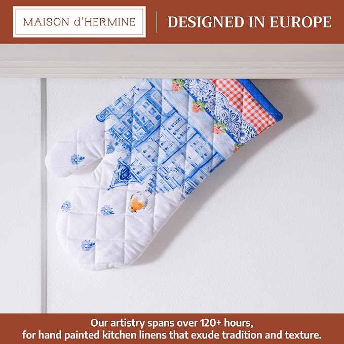 Maison d'Hermine Oven Gloves 100% Cotton Oven Mitt 7" x 13" with Loop Heat Resistant BBQ Cooking Gloves Baking Grilling Kitchen Hotel Home Farmhouse Spring Summer (Pack of 1, Amsterdam Canals)