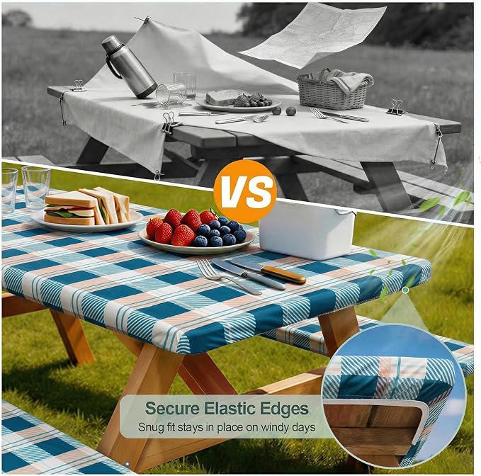 Picnic Table Cover Bench Covers Camping Essentials Tablecloth | Waterproof Vinyl for Outdoor, Windproof Elastic Fitted Edges, RV BBQ Accessories Must Haves, Storage Bag Included