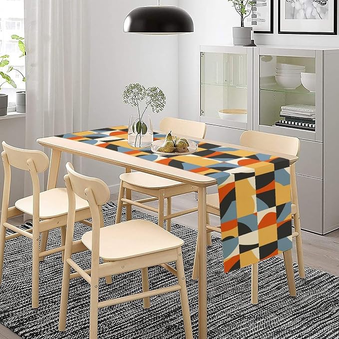 Mid Century Geometric Table Runner Dresser Scarves,Nordic Abstract Splicing Semicircle Linen Table for Party Kitchen Dining Banquet 13x60in