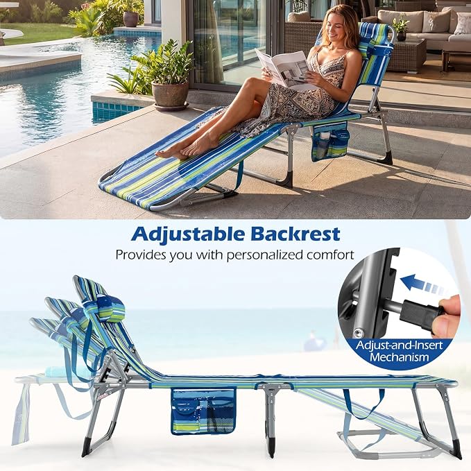 GYMAX Tanning Chair, Folding Lounger with Face/Arm Holes, Carry Handles & Side Pocket, Portable Lightweight Layout Beach Chair for Outdoor/Indoor, Face Down Sun Lounger (1, Blue Stripe)