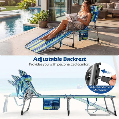 GYMAX Tanning Chair, Folding Lounger with Face/Arm Holes, Carry Handles & Side Pocket, Portable Lightweight Layout Beach Chair for Outdoor/Indoor, Face Down Sun Lounger (1, Blue Stripe)