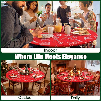 Smiry Round Spandex Tablecloth, Elastic Fitted Washable Tablecloths for 57"-68" Tables, Waterpoof Stretch Picnic Table Cover for Dining, Indoor and Outdoor, Holly Berry & Gift