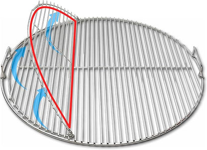 SnS Grills EasySpin Charcoal Grill Cooking Grate, 304 Stainless Steel, Large Hinged Opening, Perfect for 2-Zone Cooking, Replacement Grate Compatible with Weber & Other Grills - Fits 22” Kettles