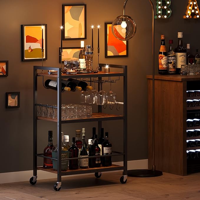 TUTOTAK Bar Cart with Wheels, Drink Cart with Wine Rack and Glass Holder | 3-Tier 23.7 Inch Wide Home Bar Serving Carts, Small Mobile Kitchen Shelf with 6 Hooks, Rustic Brown BC01BB030
