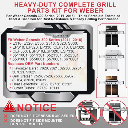 Grill Parts Kit for Weber Genesis 300 310 330 Genesis E330 E310 S310 S330 EP330 S320 E320 Grill Parts 17.5" Flavorizer Bars, Genesis 7528 Grates Heat Deflector Grill Parts Kit, 3Pcs 62752 Burner Tube