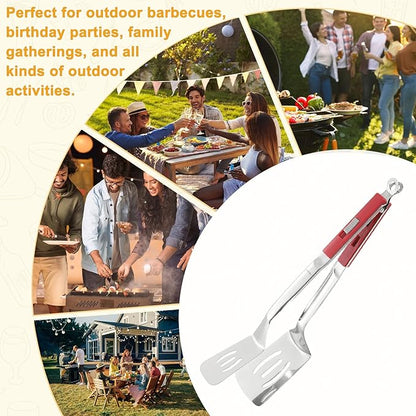 M METERXITY Spatula Tongs, 13.4 Inch 304 Stainless Steel Anti-Scald Extended Multifunctional Flipper Grill Clamp for Cooking/Barbecue, Kitchen Cooking Tongs [Red Handle, Silver Tone]