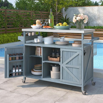 Outdoor Kitchen Island, Rolling Bar Cart & Storage Cabinet, Farmhouse Solid Wood Outdoor Grill Table with Stainless Steel Top, Spice Rack, Towel Rack for Kitchen & Barbecue, Grey Blue