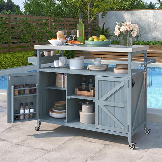 Outdoor Kitchen Island, Rolling Bar Cart & Storage Cabinet, Farmhouse Solid Wood Outdoor Grill Table with Stainless Steel Top, Spice Rack, Towel Rack for Kitchen & Barbecue, Grey Blue