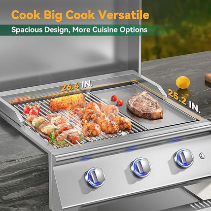 Livory 26 Inch BBQ Head Griddle Grill Combo for Barbecue Island, Liquid Propane Bulit-in Grills for Outdoor Kitchen,3 * 14,000 BTU， 3-Burner, Premium 304 Stainless Steel, Convertible to Natural Gas