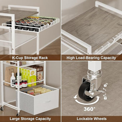 Coffee Bar Cabinet with Storage，5 Tier Coffee Station Table on Wheels, 33.6" H Cart with Drawer for Home Kitchen, Liquor Buffet Sideboard Cabinet (Modern White)
