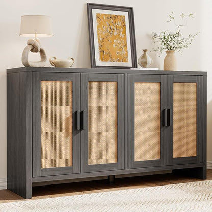 Rattan Buffet Cabinet with Storage, Sideboard with Doors, Console Table, Farmhouse Coffee Bar, Modern Wood Long Cabinets (Brown Black)