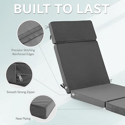 72 x 21 Inch Outdoor Chaise Lounge Cushion - Removable Cover, 4-Section Design, Water-Repellent & Fade-Resistant, 6 Tie Straps, Replacement for Patio & Pool Chairs - Dark Grey
