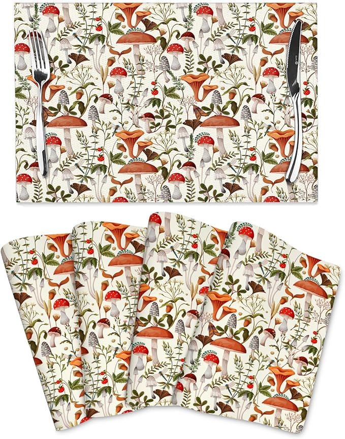 Boho Mushroom Placemats Set of 4, Botanic Plant Beige Table Mats | Heat Resistant Washable Placemat for Kitchen Dining Table Decor Cute Placemats Linen 12x18 Inch