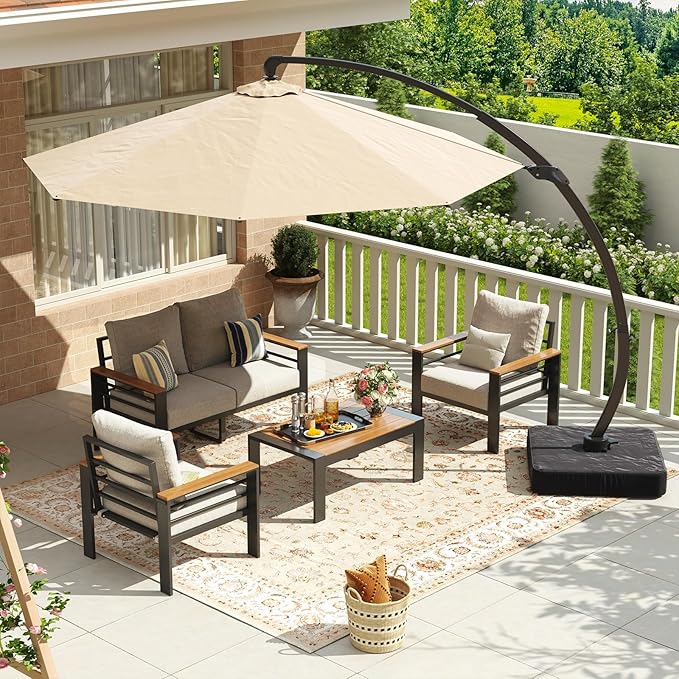 Aoxun Aluminum Patio Furniture Set with Umbrella 4 Seats, Oversized Outdoor Sectional with Washable Thick Cushions, Coffee Table, Patio Conversation Sets for Porch, Balcony, Deck