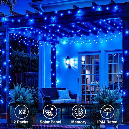 QITONG 2 Pack Blue Solar String Lights, Each 66ft 200 LED Christmas Lights Outdoor Waterproof, 8 Modes Green Wire Solar Twinkle Lights