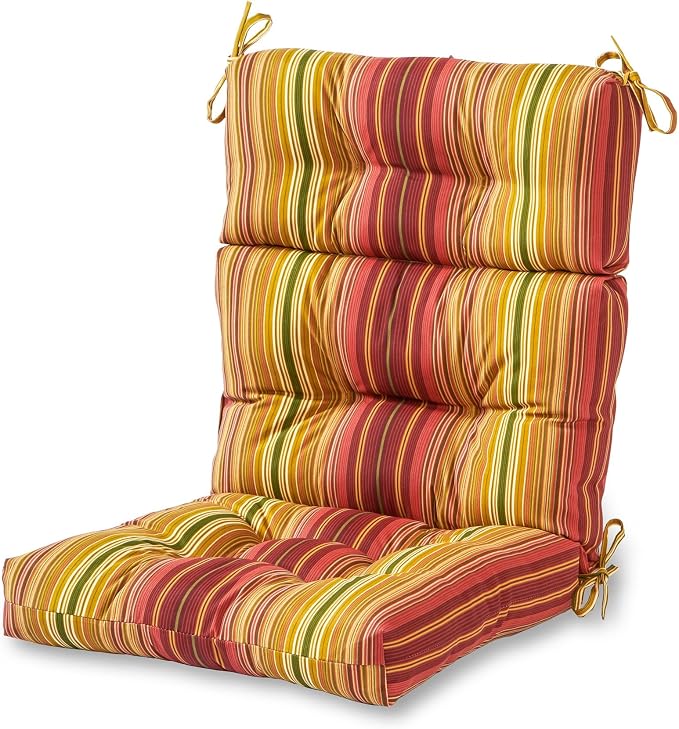 Outdoor Tufted High-Back Chair Cushions, One-Piece Hinged Seat and Back Design, Reversible with 4 Ties, Durable Polyester Fabric, Recycled Fiber Fill - Single, Kinnabari Stripe