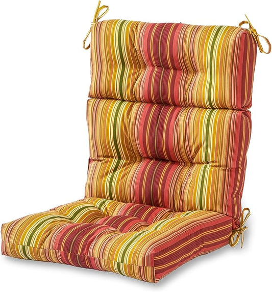 Outdoor Tufted High-Back Chair Cushions, One-Piece Hinged Seat and Back Design, Reversible with 4 Ties, Durable Polyester Fabric, Recycled Fiber Fill - Single, Kinnabari Stripe