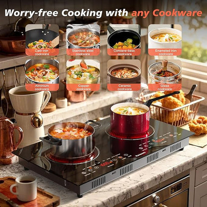 2 Burner Electric Cooktop 110v, 2000W Electric Stove Top Countertop & Built-in, Plug-in Electrics Cooktop 24 Inch, 8 Power Levels & 8 Functions, Touch Control, Safety Lock, Timer, Karienvir