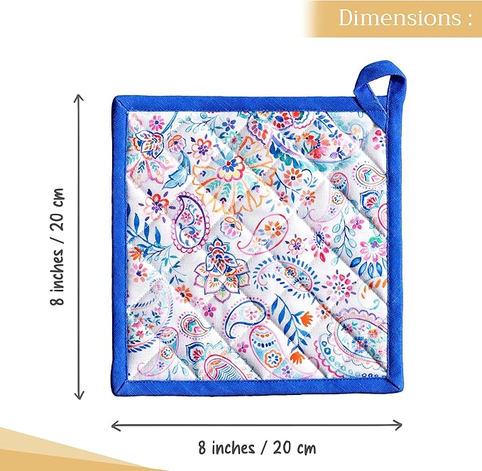 Maison d' Hermine Pot Holders 100% Cotton Heat Resistant Potholders 8" x 8" Hot Pads with Loop BBQ Cooking Baking Hotel Farmhouse Kitchen Handling Hot Pans Spring Summer (Pack of 2, Indian Floral)