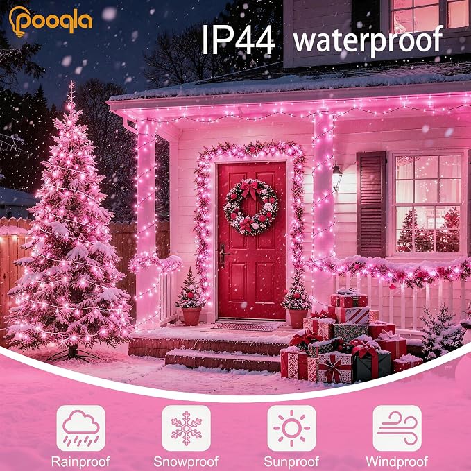 Pooqla 2 Pack String Lights Battery Operated, Total 33.3ft 100 LED Fairy Lights Indoor Outdoor Decorations, 8 Modes Pink Battery Christmas Lights for Bedroom Classroom Porch Party Yard Wedding Decor