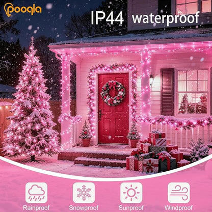 Pooqla 2 Pack String Lights Battery Operated, Total 66.6ft 200 LED Fairy Lights Indoor Outdoor Decorations, 8 Modes Pink Battery Lights for Wedding Valentine's Day Bedroom Porch Party Yard Decor