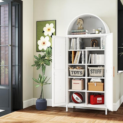 72.8" White Metal Arched Pantry Cabinet for Kitchen Storage, Tall 2-Door Cupboard with 6 Adjustable Shelves, Magnetic Closure & Anti-Tip Kit, 15.4" D x 30.7" W, Assembly Required