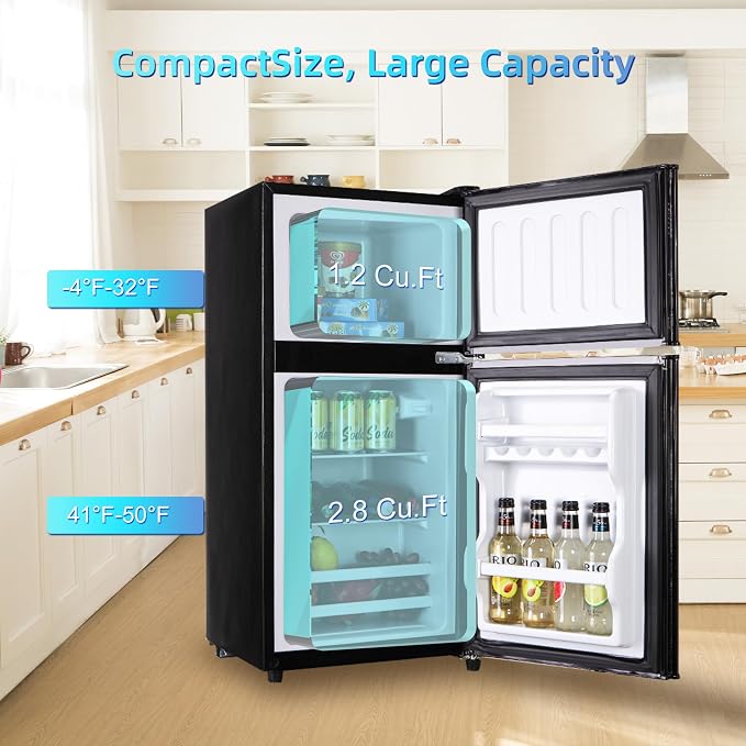 Mini Fridge with Freezer 4.0 Cu.Ft. Double-Door Mini Refrigerator Low Noise | 7-Level Adjustable Thermostat & Adjustable Glass Shelves, Compact Dorm Fridge 37 dB Low Noise for Bedroom, Black