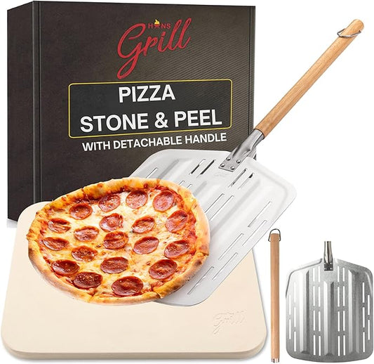 Hans Grill Pizza Stone PRO XL Baking Stone For Pizzas use in Oven, Grill or BBQ FREE Long Handled Anodised Aluminium Pizza Peel | Rectangular Stone 15 x 12" Inches | For Pies, Pastry, Bread, Calzone