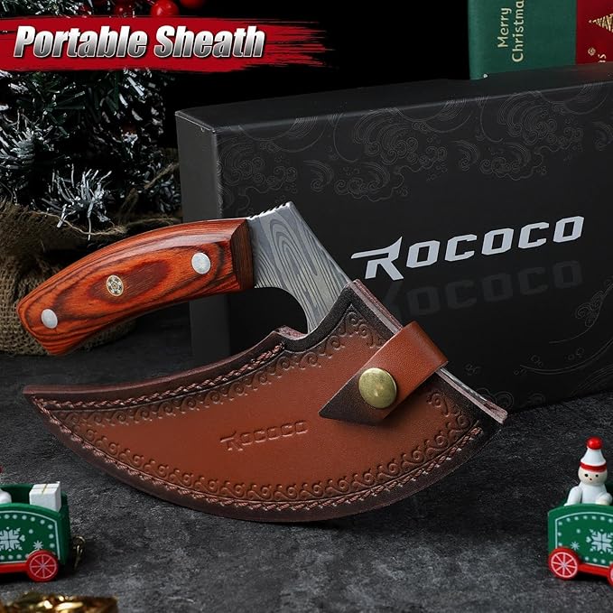 ROCOCO Pizza Cutter Ulu Knife – Full Tang Mezzaluna Rocker Chopper with Sheath for Kitchen, Camping, BBQ, Gifts Men Women