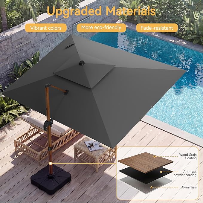 10x13 FT Wood Pattern Patio Umbrella, Large Deluxe Cantilever Rectangular Double Top Heavy Duty Offset Umbrellas with 360° Rotation, Outdoor shade for Garden Deck Pool Patio, Grey