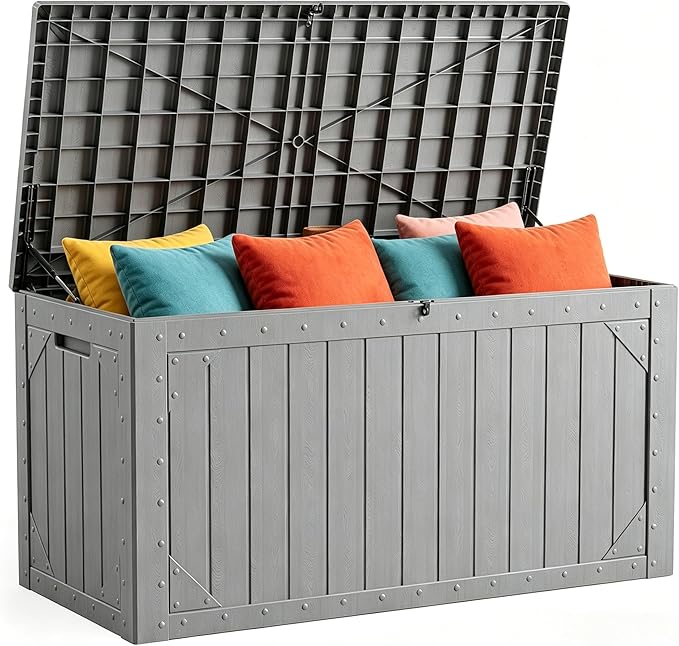 Outdoor Storage Box, 95 Gallon Deck Box Outdoor Storage Bench, Outside Waterproof Resin Storage Bench, Lockable Patio Cushions, Garden Tools Storage for Furniture, UV Resistant (Gray)