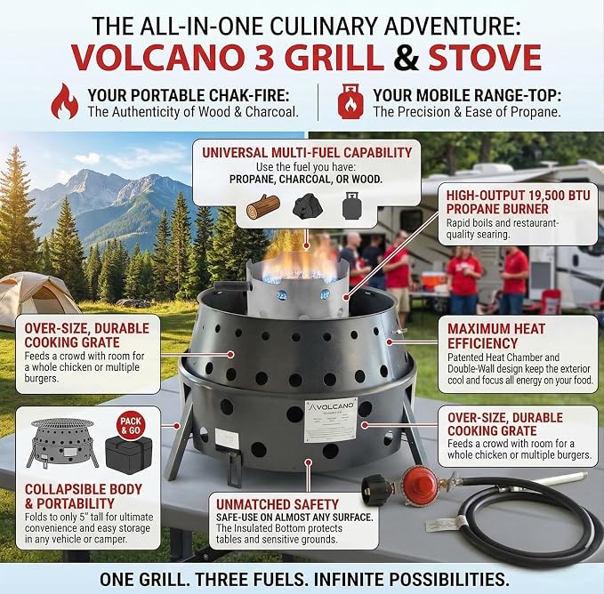 Volcano Tri-Fuel Collapsible Portable Grill & Stove with Lid–Propane, Charcoal &Wood, 19,500 BTU Burner,Heat-Safe Footprint,13"Cooking Surface, Carry Bag for Camping, Tailgating&Emergency Preparedness
