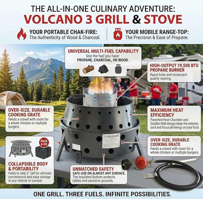 Volcano Tri-Fuel Collapsible Portable Grill & Stove with Lid–Propane, Charcoal &Wood, 19,500 BTU Burner,Heat-Safe Footprint,13"Cooking Surface, Carry Bag for Camping, Tailgating&Emergency Preparedness
