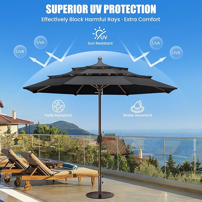 EliteShade USA 10-Year-Non-Fading 11ft 3-Tier Market Patio Umbrella, Commercial Grade Outdoor Table Umbrella with Crank Open, Windproof & UPF 50+ UV Protection, Heavy Duty Ventilation for Garden, Deck, Pool, Backyard, Beach & Bistro, No Tilt, Black
