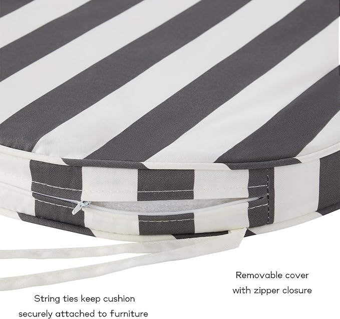 Set of 2 Outdoor 18 inch Round Patio Dining Chair Pads – Comfortable Fiber-Filled Seat Cushions with Ties, Reversible Polyester Fabric - Canopy Stripe Gray