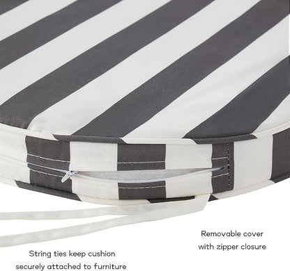 Set of 2 Outdoor 18 inch Round Patio Dining Chair Pads – Comfortable Fiber-Filled Seat Cushions with Ties, Reversible Polyester Fabric - Canopy Stripe Gray