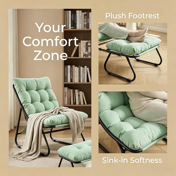 Rocking Chair with Ottoman, Modern Metal Frame Outdoor Rocker, Comfy Patio Lounge Chair with Footrest, Reading Glider Chairs for Living Room, Bedroom, Balcony, Garden, Relax, Light Green