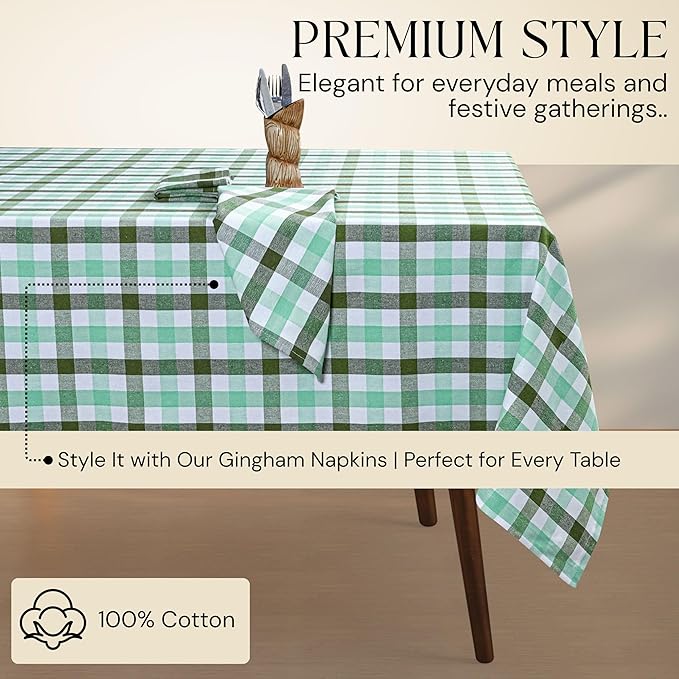 Gingham Check Tablecloth, 60x84 Inches, Everyday Plaid Dining Table Cover, 100% Cotton, Washable, Reusable Farmhouse Table Linen for Holiday Décor, Mint Green Aqua Green and White