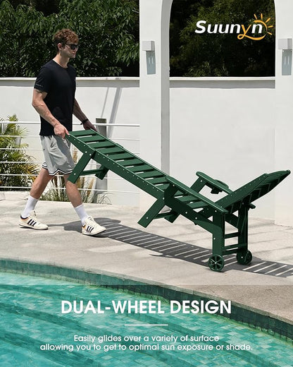 Lounge Chair Outdoor Set of 2, HDPE Chaise Lounge Outdoor with 6-Position & Wheels &Cup Holder, Pool Lounge Chair for Pool Poolside Deck Backyard Patio, Green