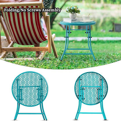 TeoKJ Folding Outdoor Side Table, No Assembly Patio Table with Cutouts | Metal Round Anti Rust Patio Desk, Small Nightstand with Flower Cutouts, for Yard, Balcony, Lawn, Pool, Lightweight, Blue